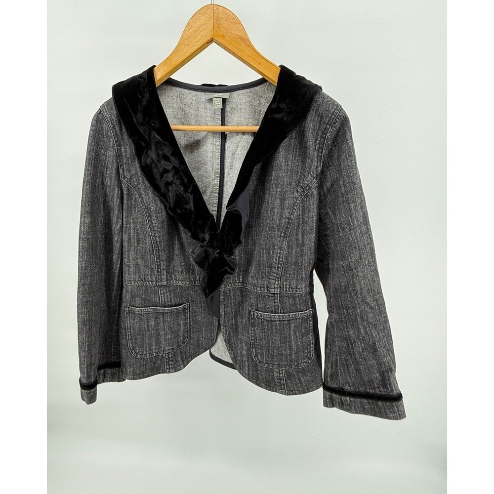 J Jill Gorgeous Gray Denim Blazer Black Velvet Lapel Vintage Style Jacket 12Pl